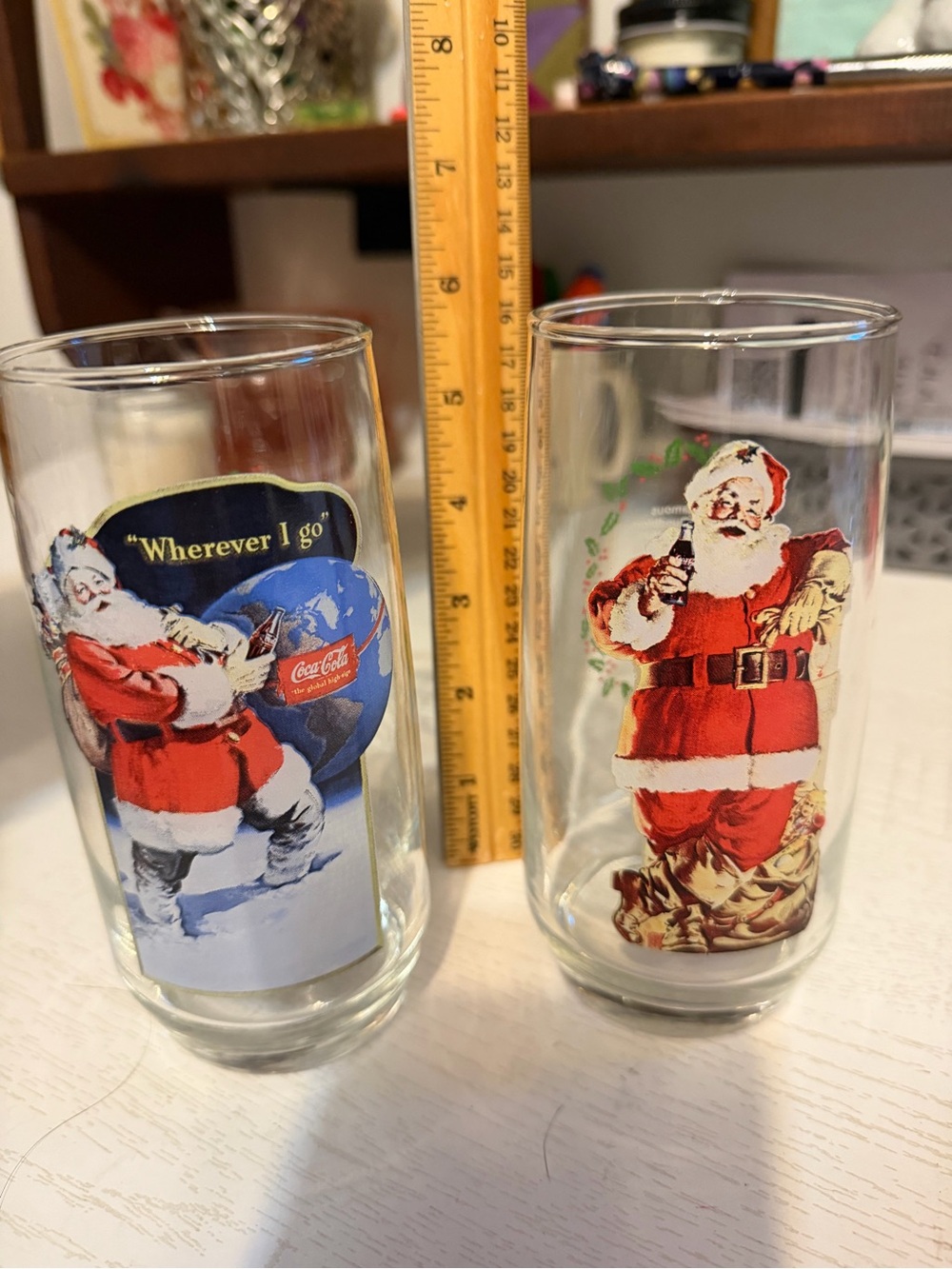 Vintage Coca Cola Santa Holiday Glasses with Red and White Artwork - Pair